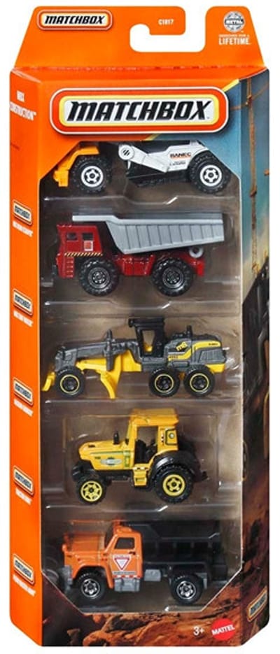 MATCHBOX 5 IN BOX MBX CONTRUCTION METAL (1:64) ROAD SCRAPER, TURF HAULER, GROUND GRINDER, TRACTOR KING, PLOW MASTER 6000