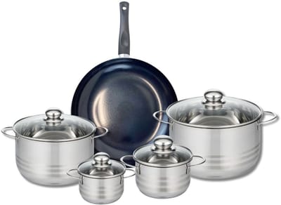 Set van 1 Koekenpan 28 cm en 4 kookpotten 12, 14, 20 en 24 cm Elo Prima Glanzend