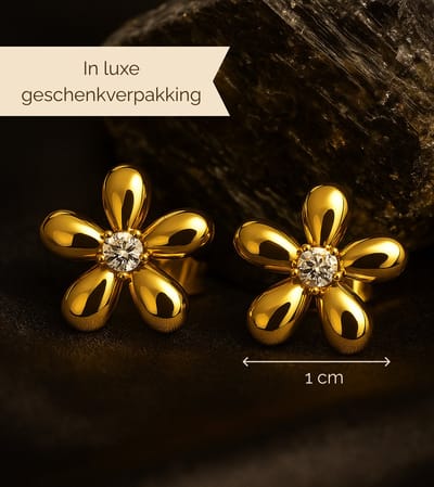 Lundholm Oorknopjes Dames Goudkleurig Bloem - Premium Stainless Steel - 18K Goud Verguld - Bloem Oorbellen met Zirkonia Steen (10 mm Hoog, 2 mm Steen) - Elegant & Tijdloos - Luxe Geschenkverpakking