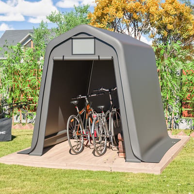 OKWISH Opbergschuur Waterdicht 245 x 183 x 217 cm PE en Metaal Grijs Voor Tuingereedschap en Fietsen Met Rolluiken
