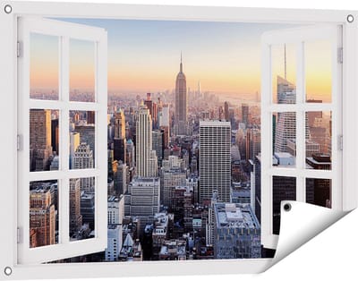 Gards Tuinposter Doorkijk New York Skyline met Wolkenkrabbers - 90x60 cm - Tuindoek - Tuindecoratie - Wanddecoratie buiten - Tuinschilderij