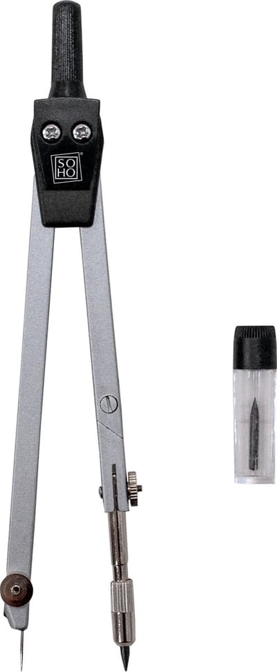 SOHO Passer Staal 2–delig – Ergonomische passer voor tekenen – Hoogwaardige tekenpassers – Compacte en handige passer – Zilver/Zwart