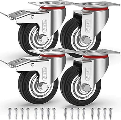 GBL Heavy Duty Casters with 2 Brakes + Screws - 75mm to 200kg - 4 Pcs No Floor Marks Silent Casters for Furniture - Rubber Trolley Wheels - Silver Wheels