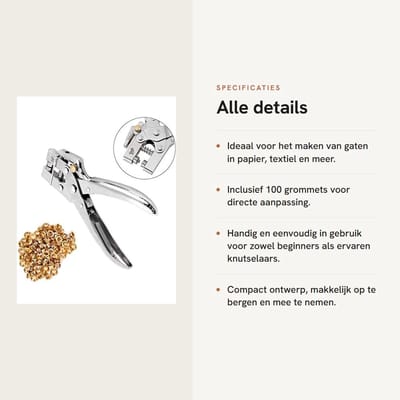 Dailygoods- Punch Tangen Set - Multifunctionele Oogperforator - Klinknagel Setter - Riem Gaten - 100 Holle Oogjes - Ideaal voor Knutselprojecten - Oogjesperforator