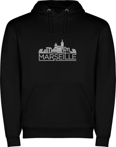 Zwarte unisex hoodie met “ Skyline Marseille Frankrijk – Vakantiegevoel – Strak – Modern “ Print Full Color merk Roly maat M
