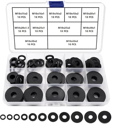 110 Stuks M10 Assortiment Siliconen Vlakke Ringen, Trillingsdempende Ringen, voor Bouten/Kranen/Schroeven/Tuinslangen/leidingen, Zwart