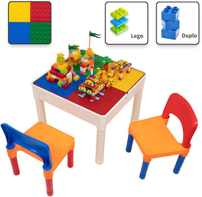 Kindertafel met 2 Stoeltjes - Speeltafel met bouwplaat en vlakke kant - Geschikt voor Lego® & Duplo® Bouwstenen