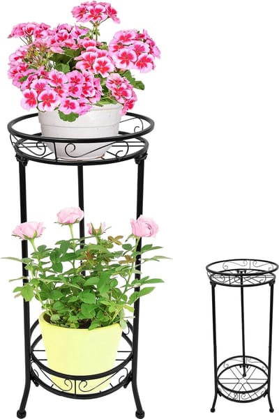 Metal Plant Stand, 2 Tier Stable Flower Pot Stand, Flower Stool, Flower Pot Stand for Indoor and Outdoor Use, Planter Display Holder for Living Room, Balcony, Garden (B)