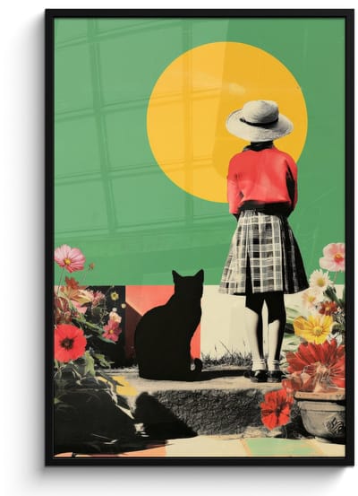 Poster in lijst - Fotolijst 80x120 cm - Posters - Retro - Meisje - Kat - Zon - Posterlijst zwart - Decoratie - Wanddecoratie woonkamer - Muurdecoratie slaapkamer