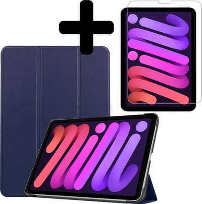 Hoesje - Geschikt voor Apple iPad Mini 6 (2021) - 8.3 inch - 6e Generatie - Met Screenprotector - Hardcover Book Case - Trifold Bookcase Hoes - Hard Cover - Tablethoes - Donkerblauw