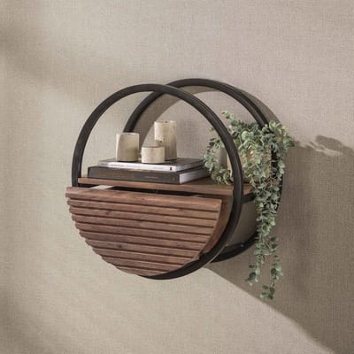 PS-Collection Wandschap Acaciahout Bruin 1 Lade Circular Ø50cm - wandplank, wandrek industrieel, wandrek metaal zwart, wandrek rond, wandrekken, wandplank zwevend, wandplank hout