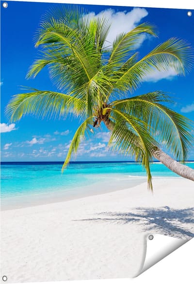 Gards Tuinposter Tropisch Strand met een Palmboom - 80x100 cm - Tuindoek - Tuindecoratie - Wanddecoratie buiten - Tuinschilderij