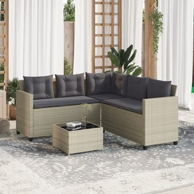 vidaXL - Tuinbank - met - tafel - en - kussens - L-vormig - poly - rattan - lichtgrijs