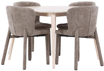Flora eethoek tafel Ø120cm en 4 stoelen whitewash, bruin.