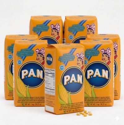Harina PAN 10 x 1kg Voorgekookt Geel Maïsmeel – Premium Kwaliteit Meel voor Authentieke Arepa’s, Glutenvrij & Veelzijdig – Ambachtelijke Goudgele Textuur & Rijke Smaak Traditionele Amerikaanse Gerechten – Eenvoudig te Bereiden – Kajal Sticker
