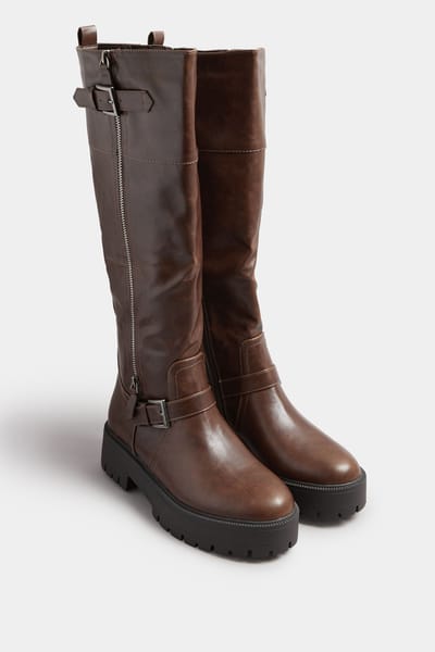 Yours Bruine Kunstleren Chunky Kniehoge Laarzen Met Gesp In Standaard Pasvormsize 36