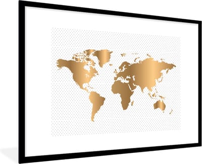 Poster in lijst - Fotolijst 90x60 cm - Posters - Wereldkaart - Goud - Stippen - Kinderen - Jongens - Meiden - Posterlijst zwart - Decoratie - Wanddecoratie woonkamer - Muurdecoratie slaapkamer