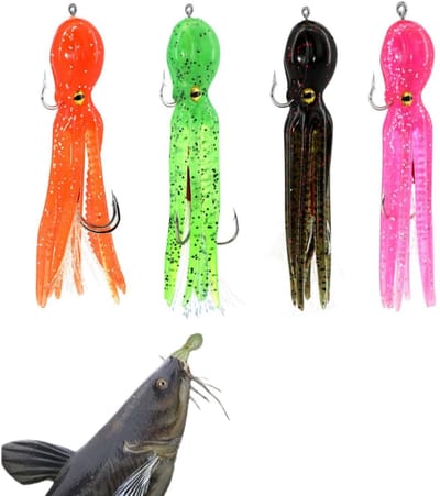 4 stuks - Octopus Soft Bait - Octopus Fishing Lure - Soft Fishing Lure Lead Head Hook Set - Zacht gesimuleerd inktvisvisaas - Met haak - Roze, Groen, Oranje, Zwart - 11 cm - Geschikt voor visliefhebbers, buiten
