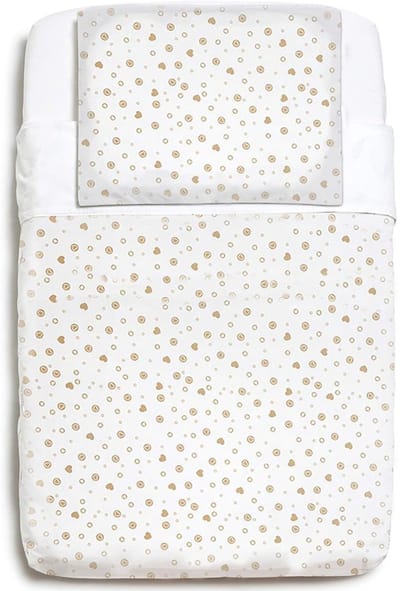 3-delige Wieg Beddengoed Set – Wit met Gouden Hartjes | Hoeslaken 83x50 cm + Dekbedovertrek + Kussensloop