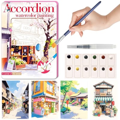 Ainy Aquarelverf set nummer 1 Japanse Straten voor kinderen en volwassenen | Waterverf Pakket met Aquarelpapier & penseel | Knutselen voor meisjes & jongens | Schilderen op werkboek | Creatief DIY hobby cadeau | Tekenen & kunst | Schilderset met verf