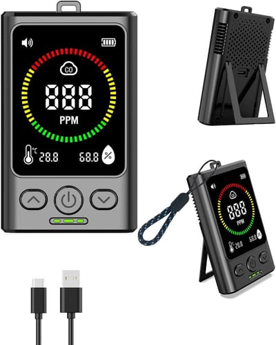 Draagbare Koolmonoxide Melder - 3-in-1 Minidetector met Temperatuur en Vochtigheidssensor - Geschikt voor Reizen Kamperen Camper en Thuis - Zwart