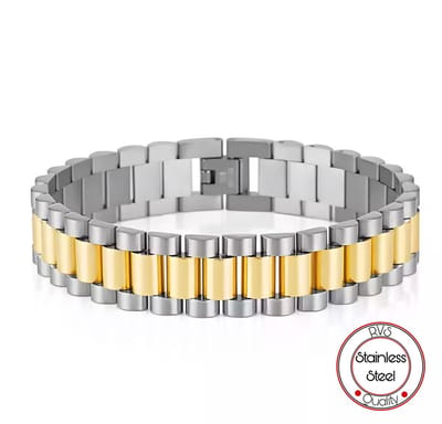 Presidente stijl armband | Horlogeband Stijl | Goudkleurig en Zilverkleurig | Staal | Armband Mannen |15mm | Mannen Cadeautjes | Cadeau voor Man | Pin Remover |