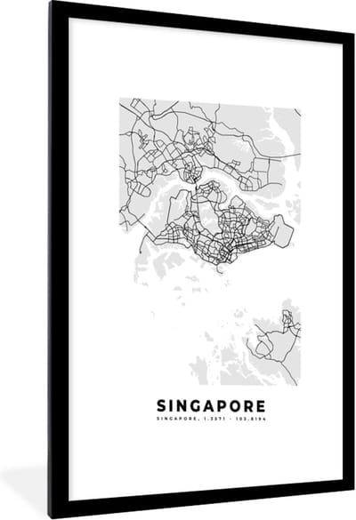 Fotolijst incl. Poster Zwart Wit- Singapore - Plattegrond - Stadskaart - Zwart Wit - Kaart - 60x90 cm - Posterlijst