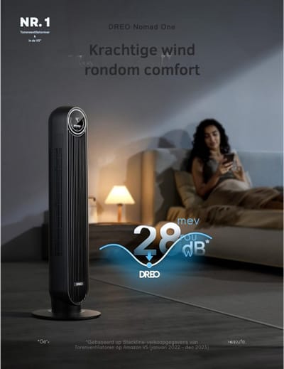 Thuys – Smart Stille Torenventilator Nomad One S –Spraakbesturing – 90° Oscillatie – Afstandsbediening – 4 Modi – 4 Snelheden – Zwart