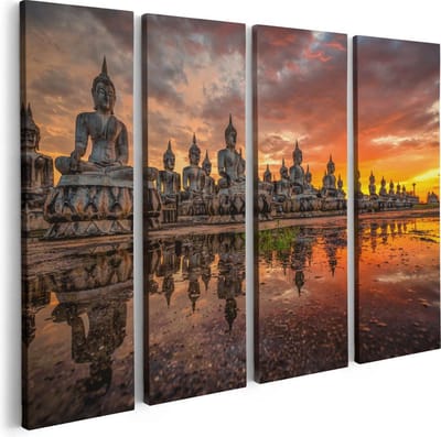 Artaza Canvas Schilderij Vierluik Boeddha Beelden Tijdens Zonsondergang - 80x60 - Foto Op Canvas - Canvas Print