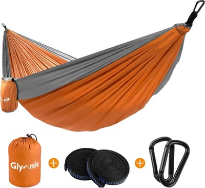 Hangmat, ultralicht voor buiten, reishangmat met ophangkabels en stalen karabijnhaken, 275 x 140 cm, draagkracht tot 300 kg, oranje - grijs