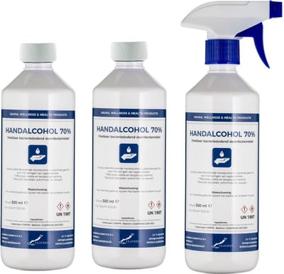 Handalcohol spray 70% - 500 ml met spraykop + 2 x 500 ml met dop