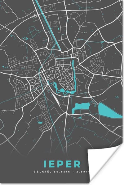 Poster Plattegrond – Ieper – Blauw – Stadskaart - Kaart - België - 120x180 cm XXL