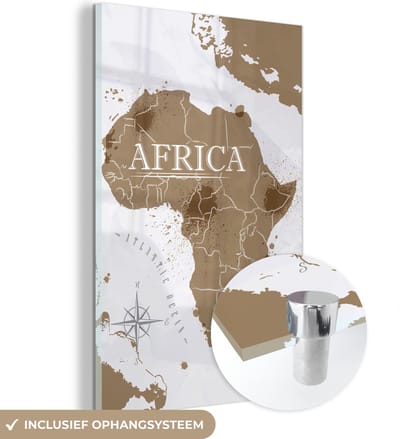 ® Glasschilderij 80x120 cm - Schilderij acrylglas - Wereldkaart - Bruin - Afrika - Foto op glas - Muurdecoratie woonkamer - Wanddecoratie slaapkamer - Schilderijen
