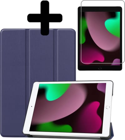 Hoes - Geschikt voor Apple iPad 9 (2021) - 10.2 inch - 9e Generatie - Met Screenprotector - Trifold Bookcase - Hard Cover - Hardcover Book Case - Tablet Hoesje - Donkerblauw