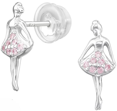 Joy|S - Zilveren ballerina danseres oorbellen - massief - zilver roze met zirkonia - 5.6 x 13 mm - kinderoorbellen - extra zacht sluiting (vlindersluiting met siliconen omhulsel)
