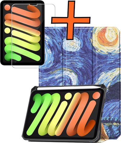 Hoesje - Geschikt voor Apple iPad Mini 7 (2024) - 8.3 inch - 7e Generatie - Met Screenprotector - Trifold Bookcase - Hard Cover Case - Met Uitsparing Geschikt voor Apple Pencil - Hardcover Book - Tablet Hoes - Sterrenhemel