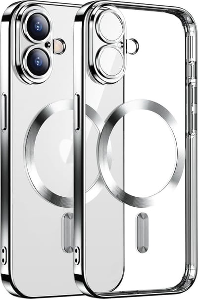Hoesje Geschikt voor iPhone 16 Plus Magsafe hoes - Lens beschermer – backcover – Transparant/Zilver