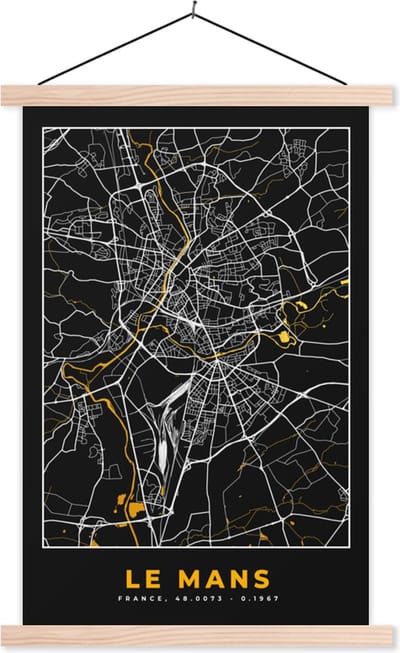 Posterhanger incl. Poster 40x60 cm - Schoolplaat - Plattegrond - Frankrijk - le Mans - Stadskaart - Kaart - Textielposter - Blanke latten - Stadskaart