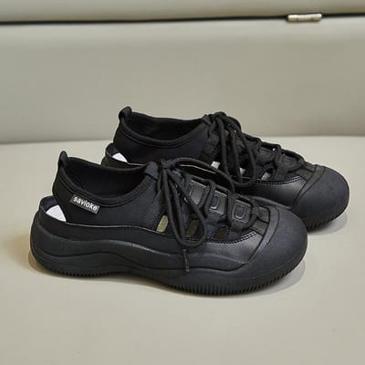 Été Nouvelles Sandales à Semelles Épaisses Rehaussantes à Bout Fermé Sac Mode Décontracté Dentelle Creuse à Lacets Petites Chaussures Blanches 40 noir