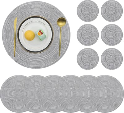 Ronde Placemats en Onderzetters Set van 6, Grijze Antislip Washbale Tafelmatten en Onderzetters Sets Hittebestendige Decor Tafel Plaatsmatten