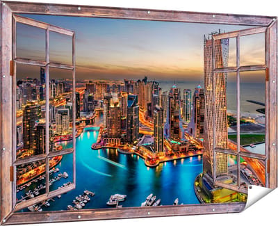 Gards Tuinposter Doorkijk Dubai Haven met de Stad - 180x120 cm - Tuindoek - Tuindecoratie - Wanddecoratie buiten - Tuinschilderij