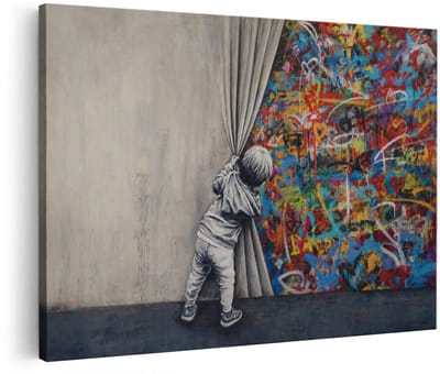 Artaza Canvas Schilderij Jongen Bij Graffiti Muur - Streetart Kunst - 90x60 cm - Wanddecoratie Woonkamer - Schilderijen - Muurdecoratie
