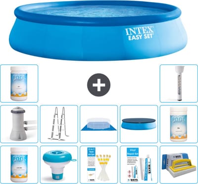 Intex Rond Opblaasbaar Easy Set Zwembad - 457 x 107 cm - Blauw - Inclusief Pomp - Ladder - Grondzeil - Afdekzeil Chloor - Chloordrijver - Testrips - Reparatiesetje - Scrubborstel - PH-waarde - PH-waarde - Thermometer