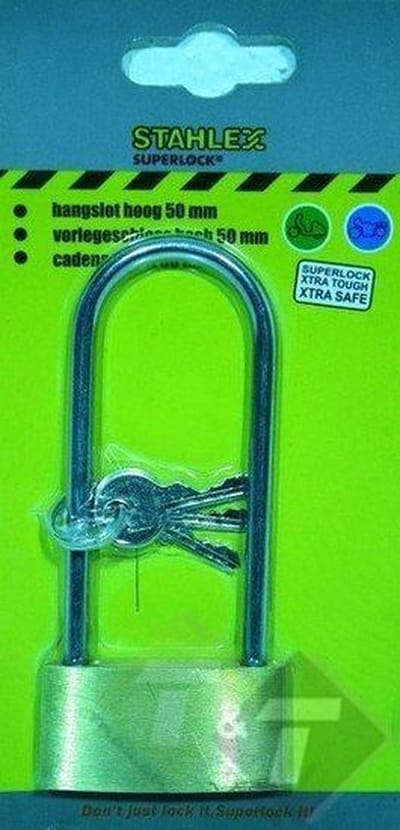 Hangslot hoog, 50mm, hoogte 80mm, breedte 39mm, dikte 5mm, inc. 3 sleutels