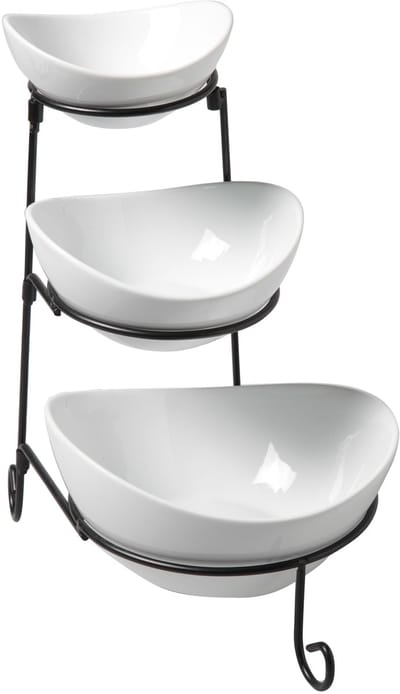 Buffet etagere met 3 schalen - wit - porselein - 20 x 33 cm - metalen houder zwart