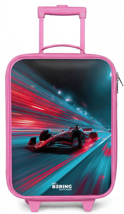NoBoringSuitcases.com® - Kinderkoffer roze - Kindertrolley meisje - Raceauto - Baan - Neon - Verlichting - Koffer kind lichtgewicht - Reiskoffer trolley voor kinderen - Koffertje met lichtgevende wieltjes - Rolkoffer