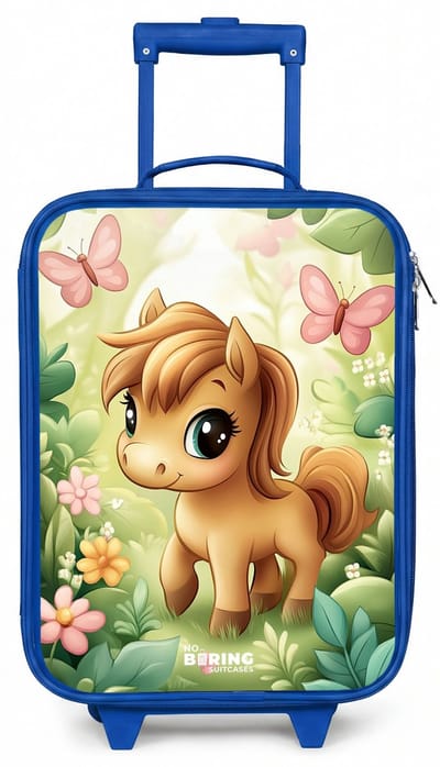 NoBoringSuitcases.com® - Kinderkoffer blauw - Kindertrolley jongen - Paard - Bloemen - Vlinders - Koffer kind lichtgewicht - Reiskoffer trolley voor kinderen - Koffertje met lichtgevende wieltjes - Rolkoffer
