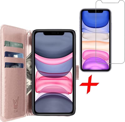iphone 11 hoesje - iphone 11 case roségoud book cover Kunstleer wallet - hoesje iphone 11 apple - iphone 11 hoesjes cover hoes - 1x iphone 11 screenprotector glas tempered glass screen protector