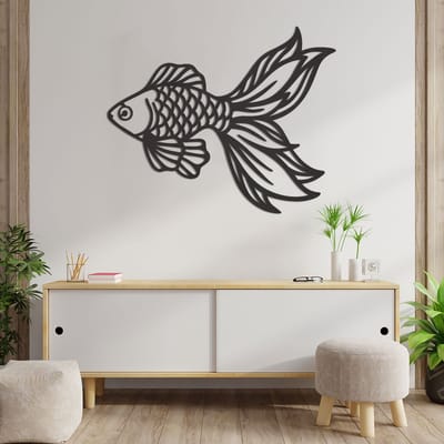 Wanddecoratie - Goudvis - Vis - Hout - Wall Art - Muurdecoratie - Zwart - 72 x 59 cm