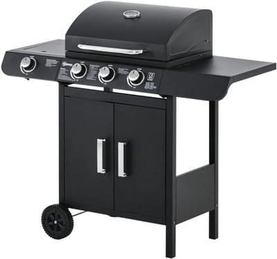 Gasbarbecue - Gasbarbecue en grill - 3 Branders + 1 Zijbrander - Met Thermometer, Opbergplank en Warmhoudplaten - Zwart